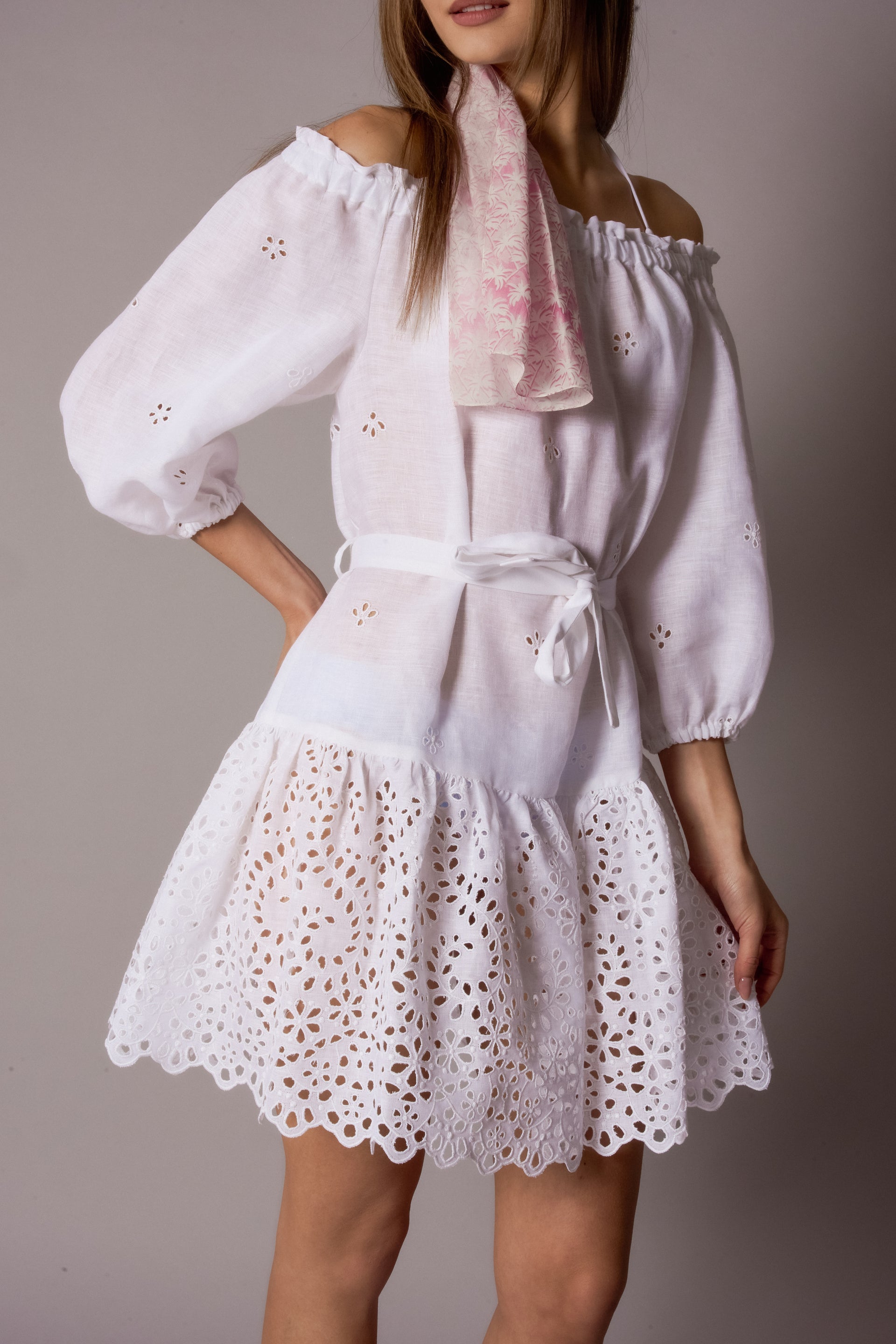 GISELLE Womens Short Dress Linen Broderie White