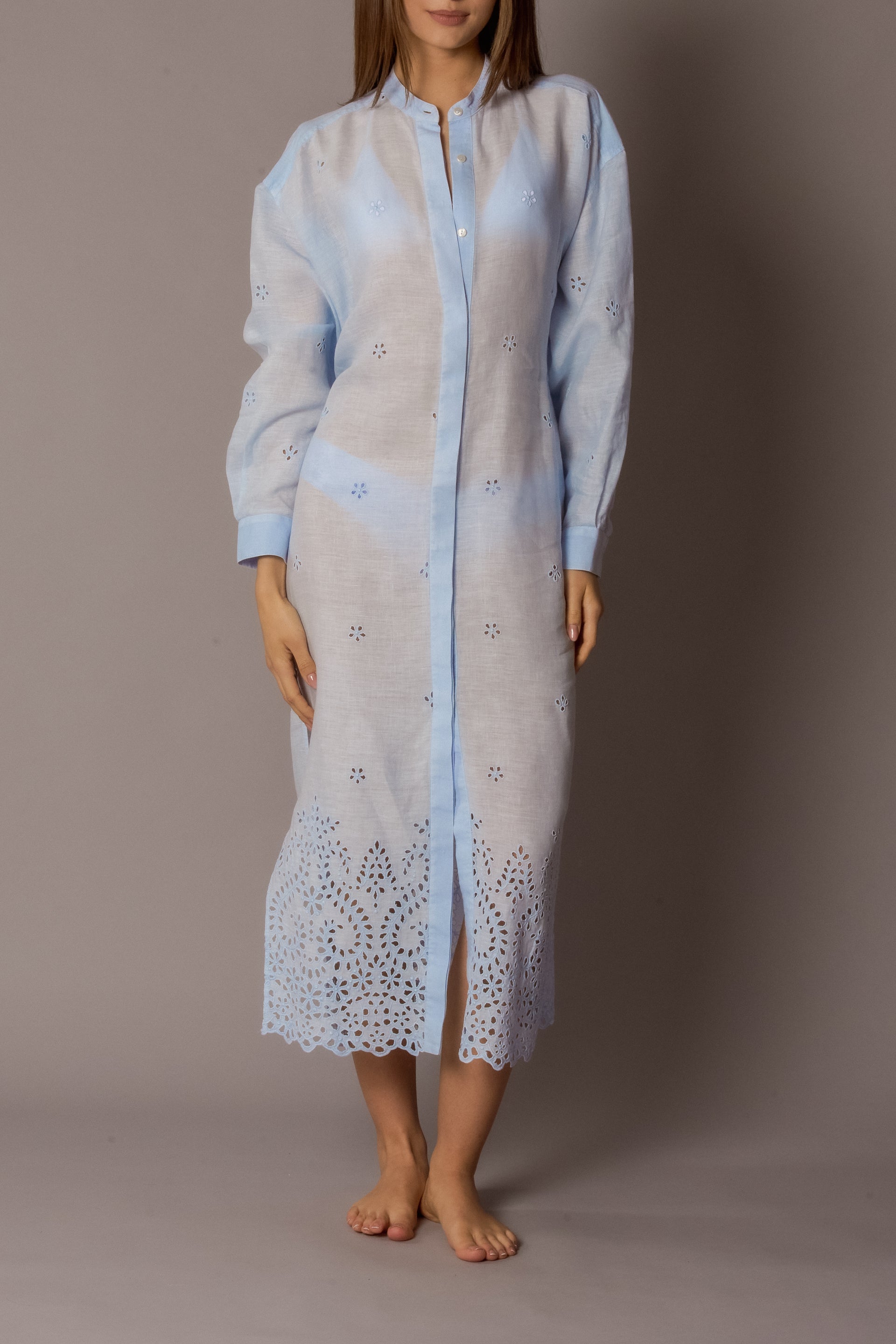KATE Womens Long Shirt Dress Linen Broderie Light Blue