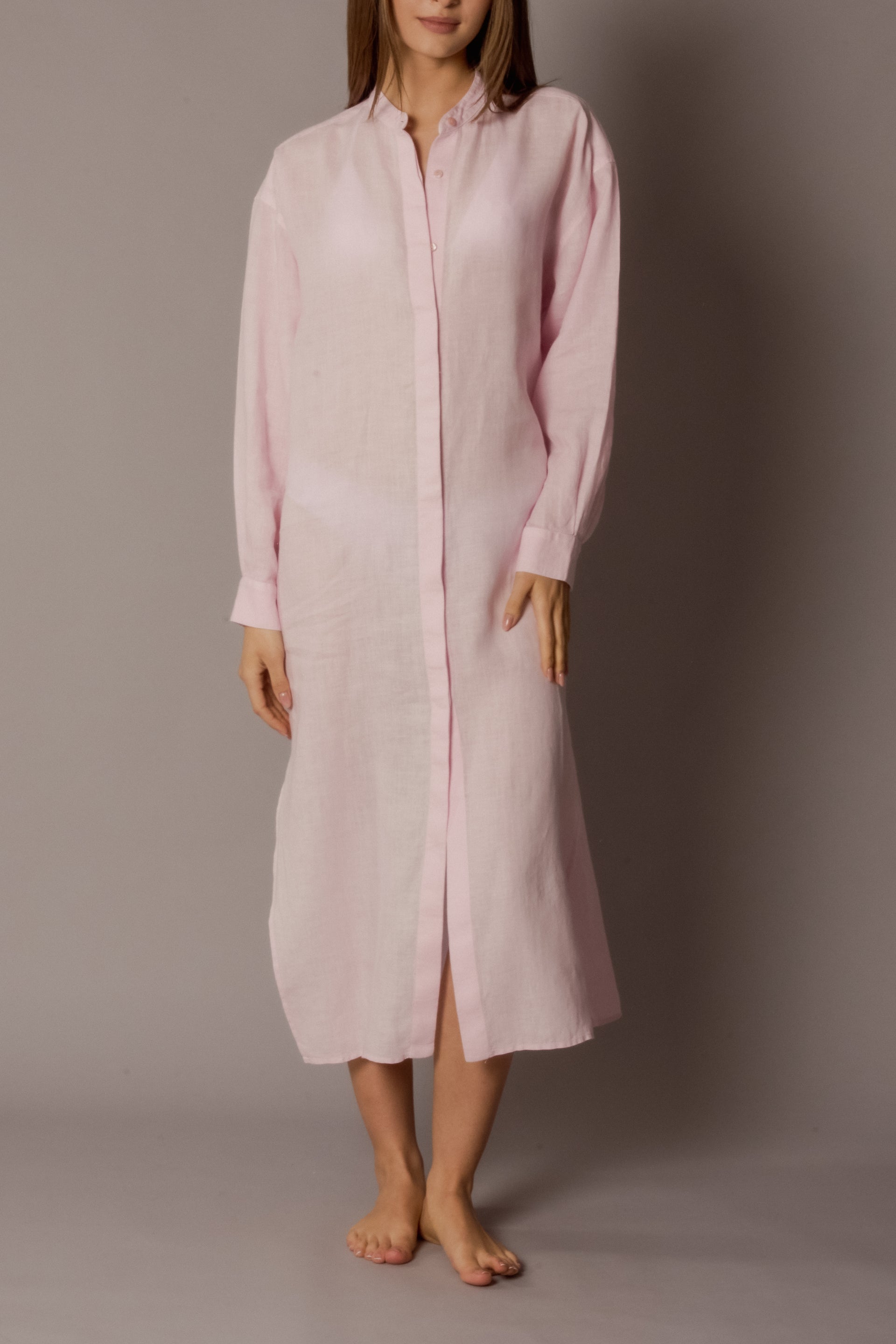 KATE Womens Long Shirt Dress Linen Pink