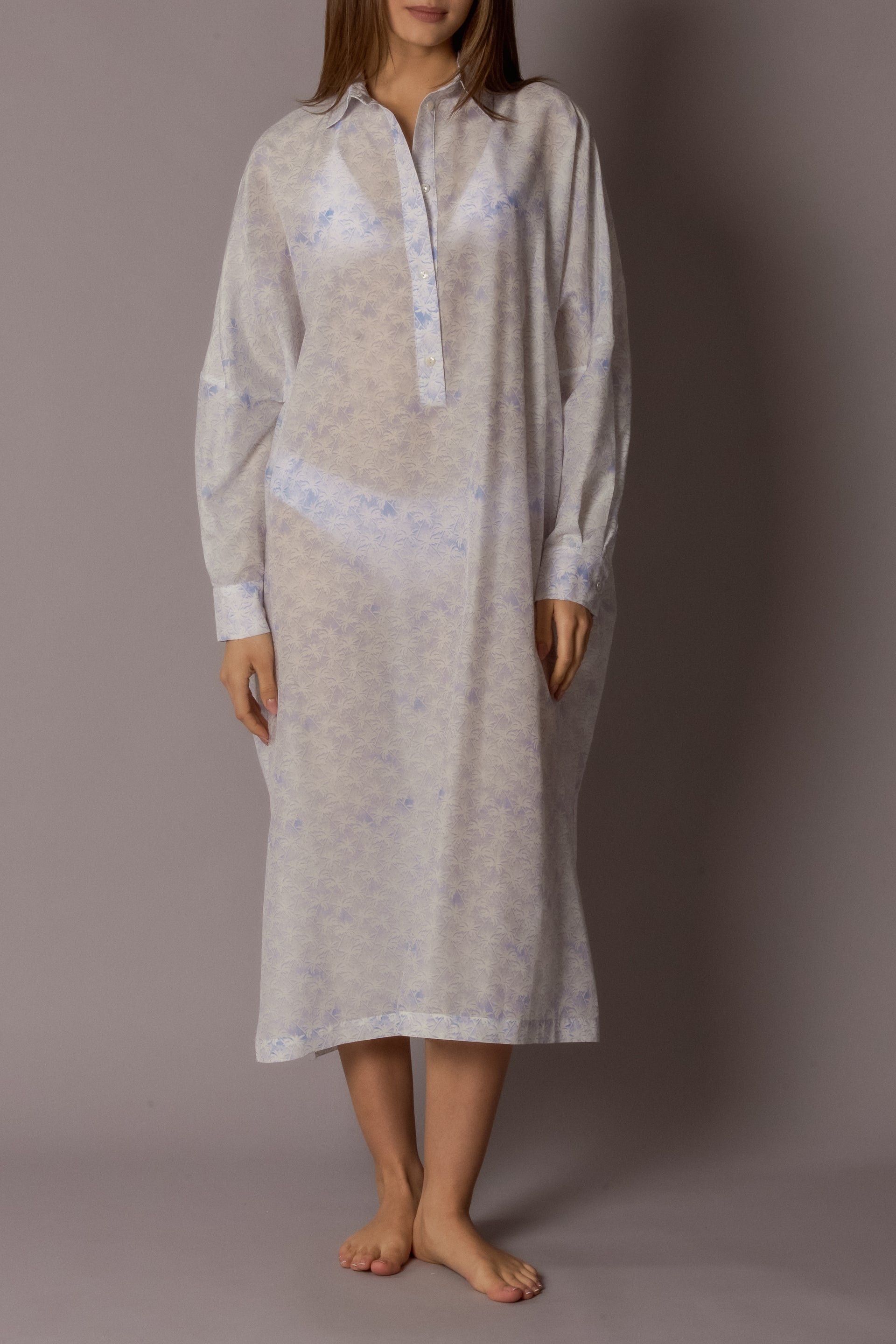 KATE Womens Long Shirt Dress Palms Print 2 Colors