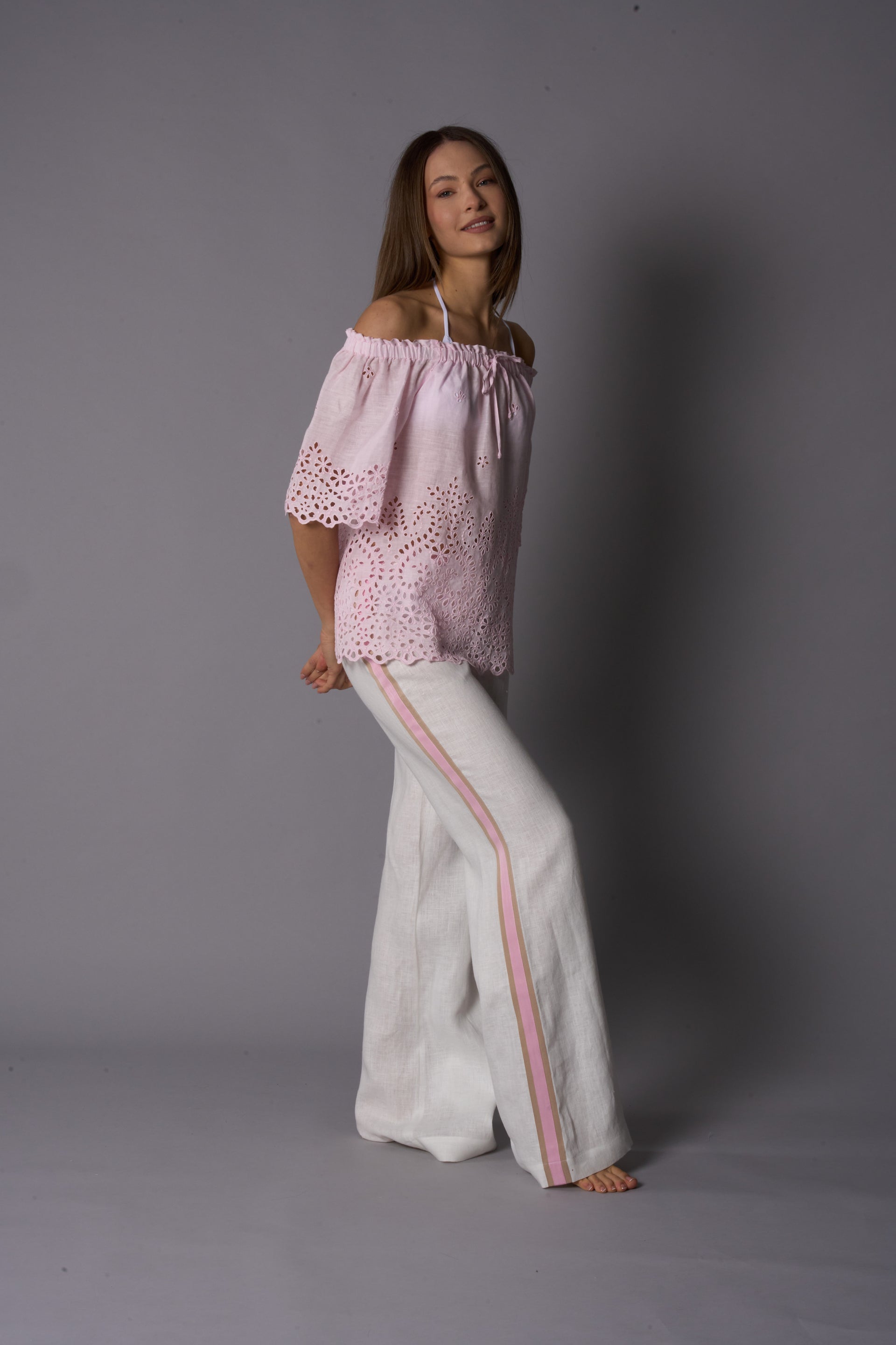 KEYLA Womens Striped Trousers Linen White Sand/Pink/Blue
