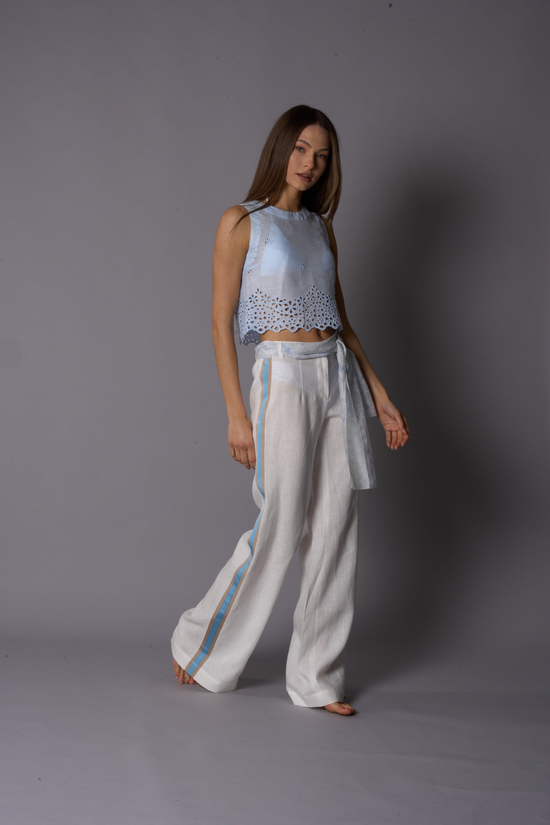 KEYLA Womens Striped Trousers Linen White Sand/Pink/Blue