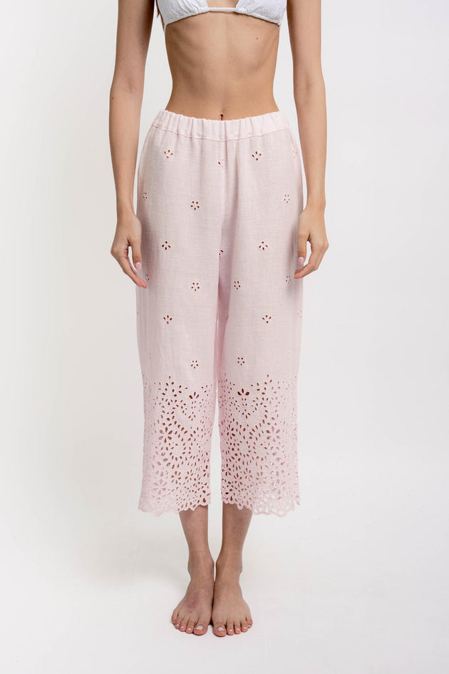 LINDA Women's Trousers Linen Broderie Light Pink - Pants - Jacques Zolty Saint Barths