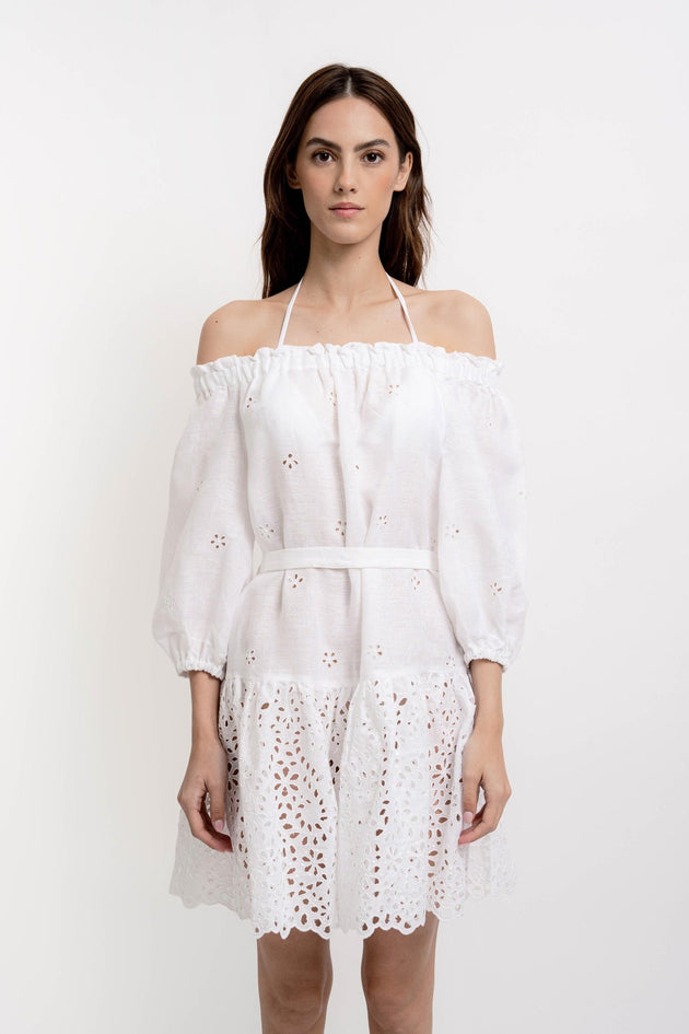 GISELLE Women's Short Dress Linen Broderie White - Dresses - Jacques Zolty Saint Barths