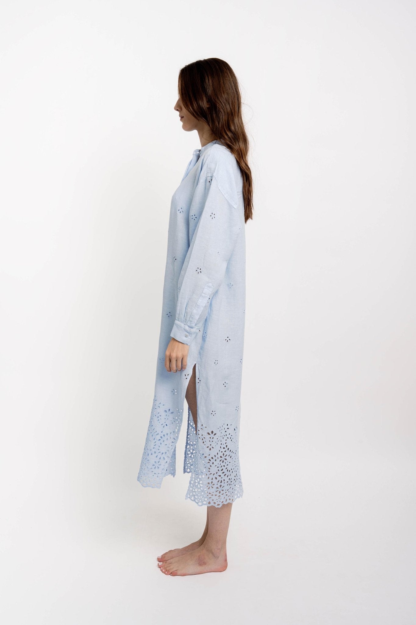 KATE Long Shirt Dress Linen Broderie Light Blue - Dresses - Jacques Zolty Saint Barths