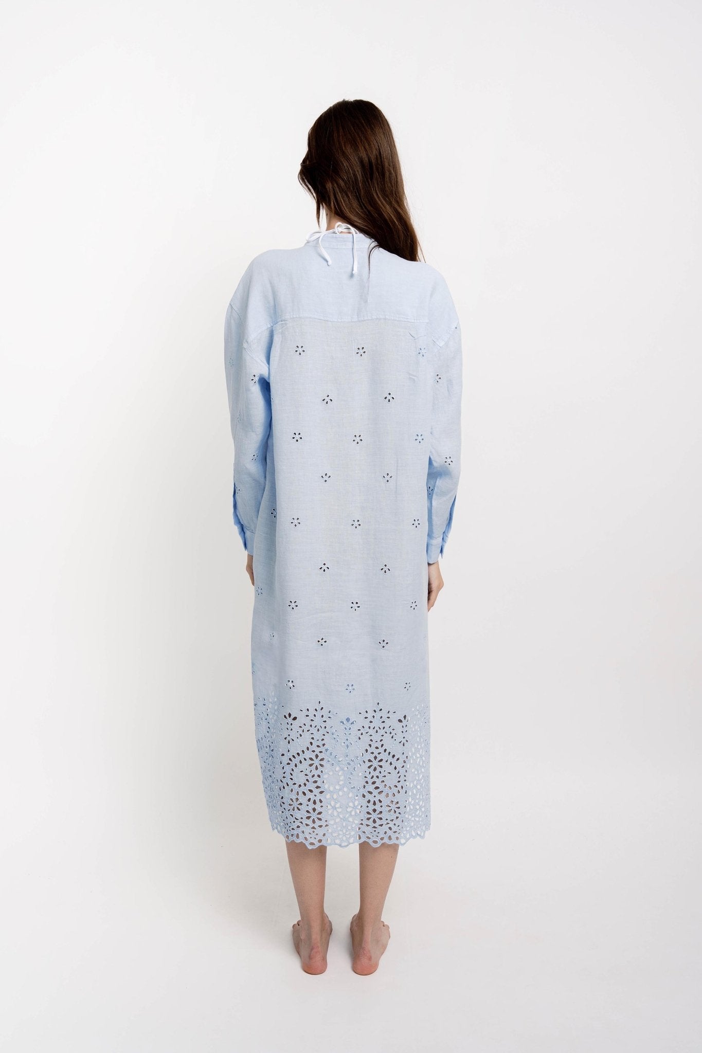 KATE Long Shirt Dress Linen Broderie Light Blue - Dresses - Jacques Zolty Saint Barths