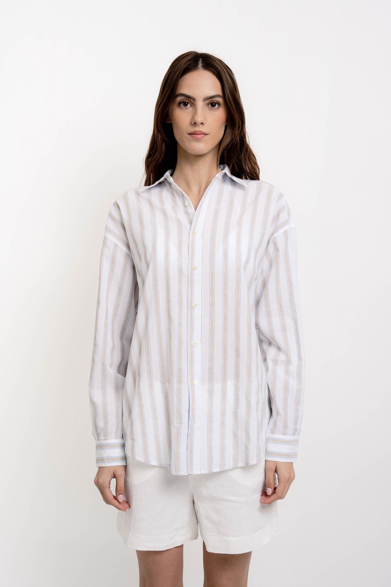 VICKY Striped Boyfriend Shirt White Sand/Pink/Blue - Shirts - Jacques Zolty Saint Barths