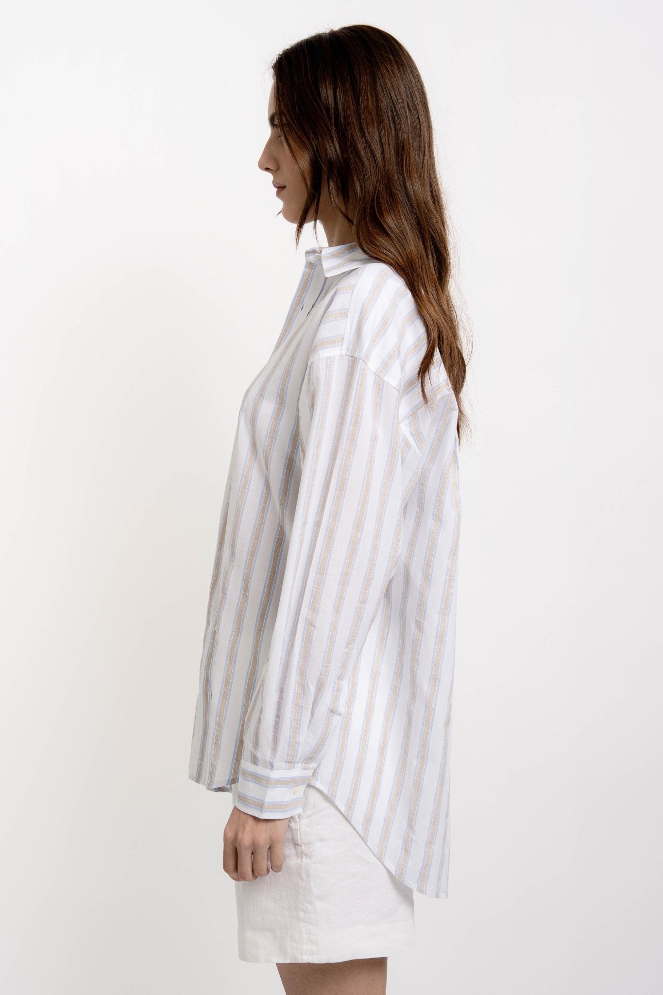 VICKY Striped Boyfriend Shirt White Sand/Pink/Blue - Shirts - Jacques Zolty Saint Barths