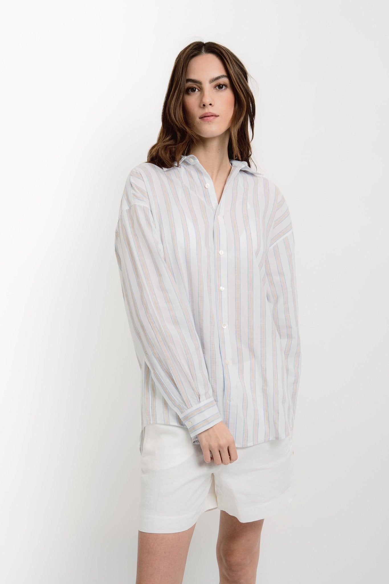 VICKY Striped Boyfriend Shirt White Sand/Pink/Blue - Shirts - Jacques Zolty Saint Barths
