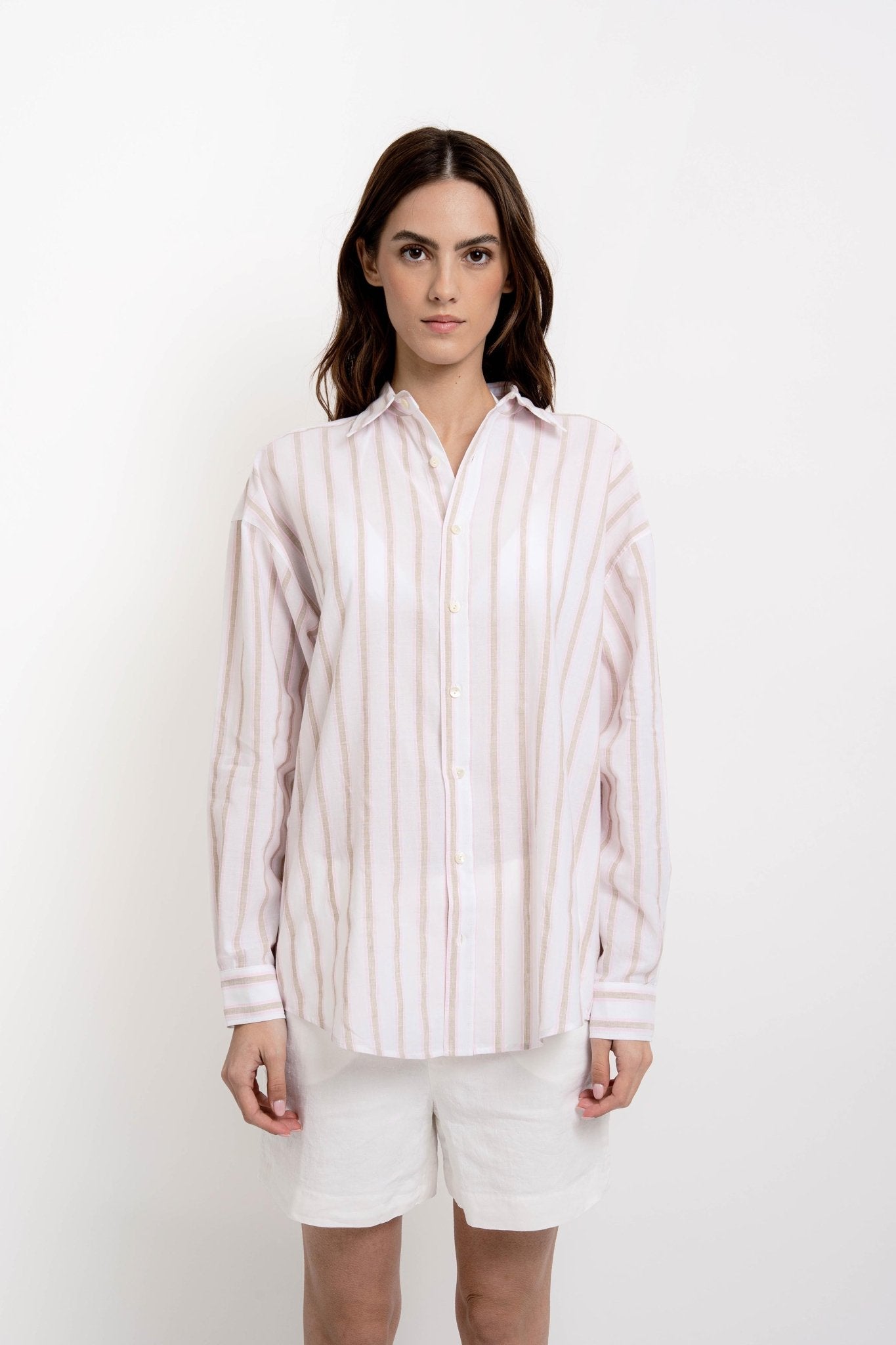 VICKY Striped Boyfriend Shirt White Sand/Pink/Blue - Shirts - Jacques Zolty Saint Barths