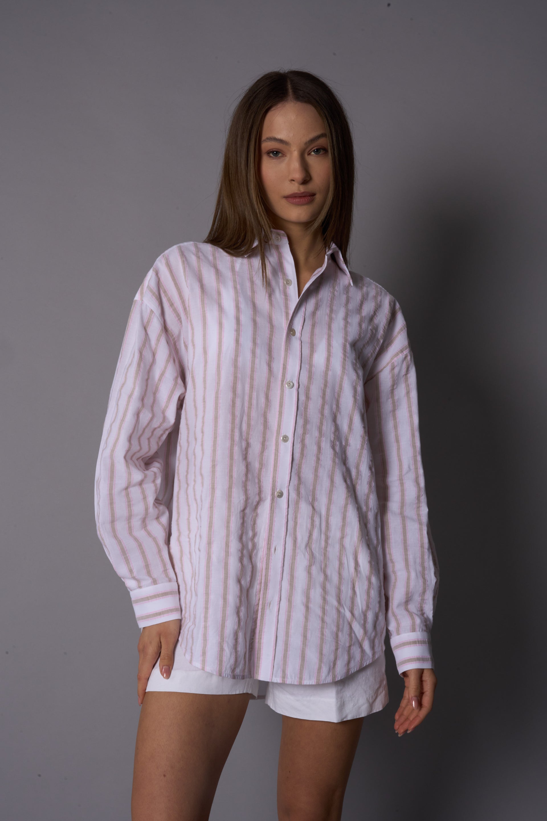 VICKY Womens Striped Boyfriend Shirt White Sand/Pink/Blue