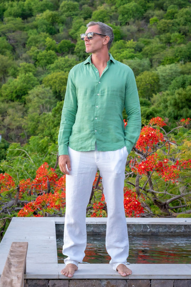 Man in white Nicolas linen trousers and shirt 
