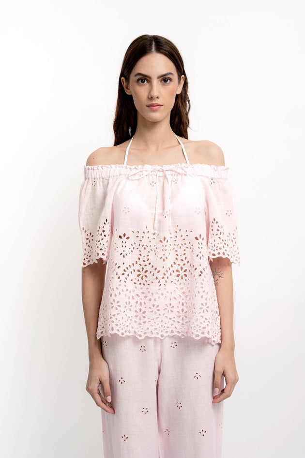 CHRISTY Round Collar Shirt Broidery Linen - Shirts - Jacques Zolty Saint Barths