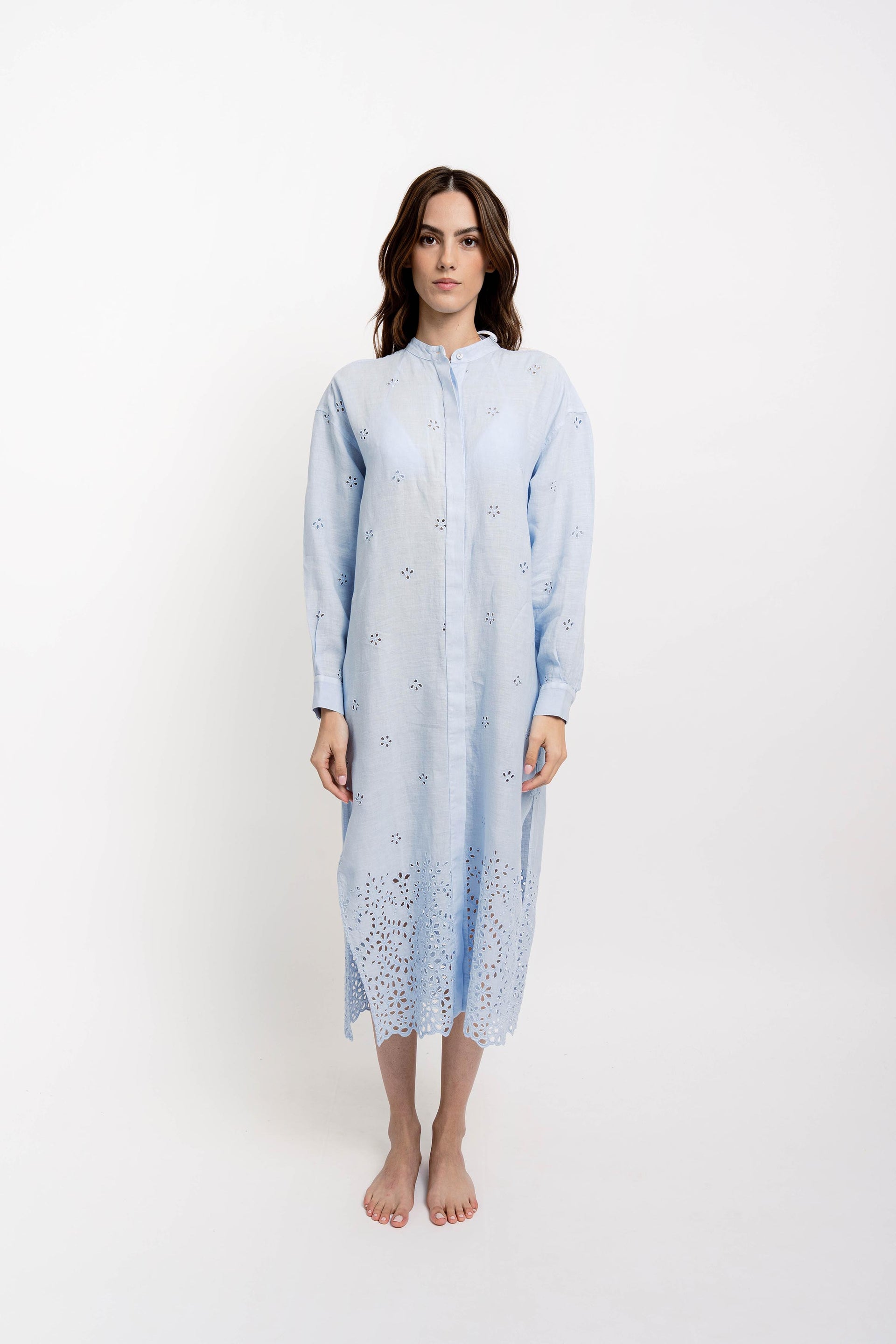 KATE Womens Long Shirt Dress Linen Broderie Light Blue
