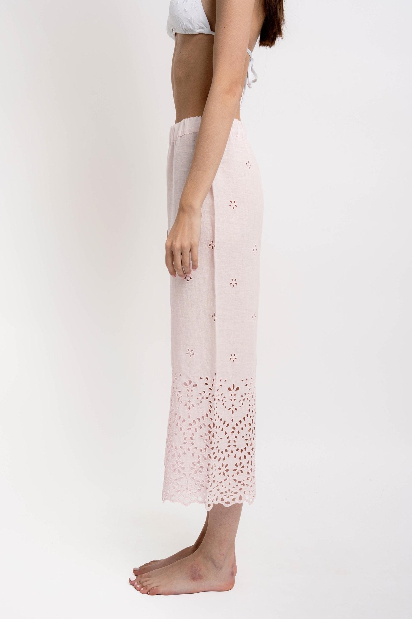LINDA Women's Trousers Linen Broderie Light Pink - Pants - Jacques Zolty Saint Barths