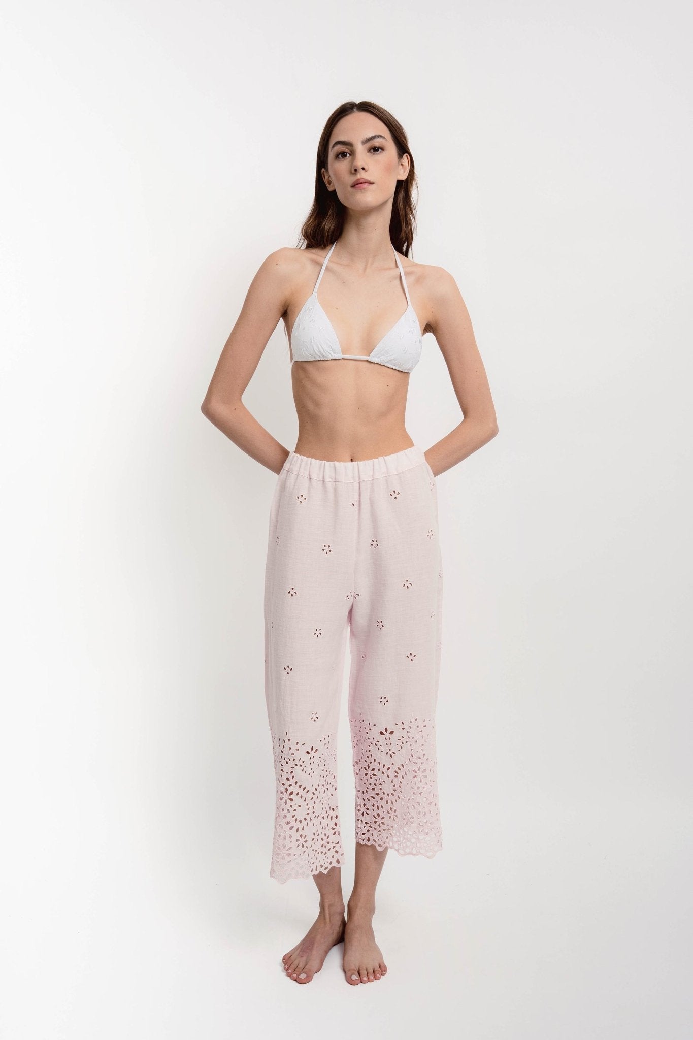 LINDA Women's Trousers Linen Broderie Light Pink - Pants - Jacques Zolty Saint Barths