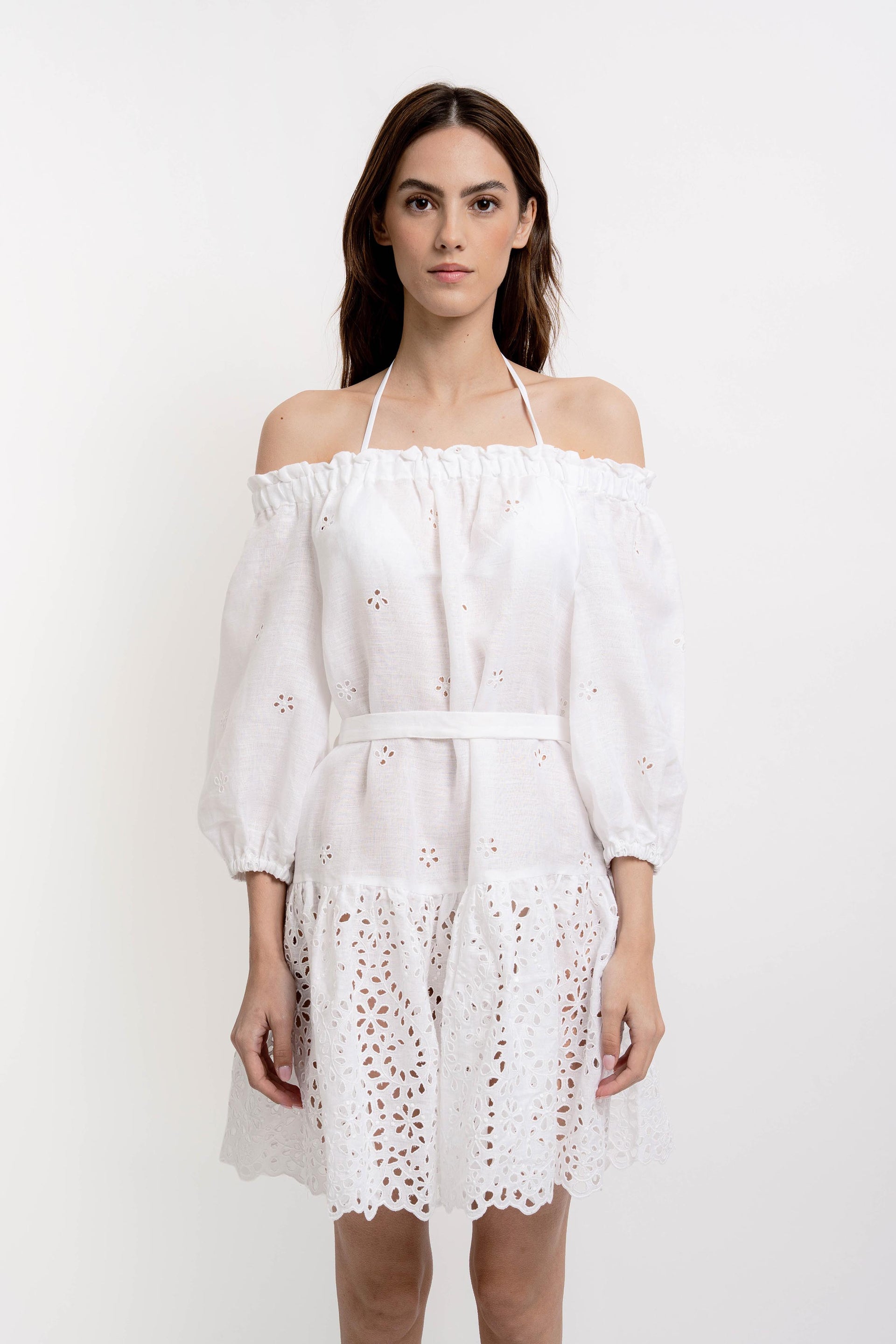 GISELLE Womens Short Dress Linen Broderie White