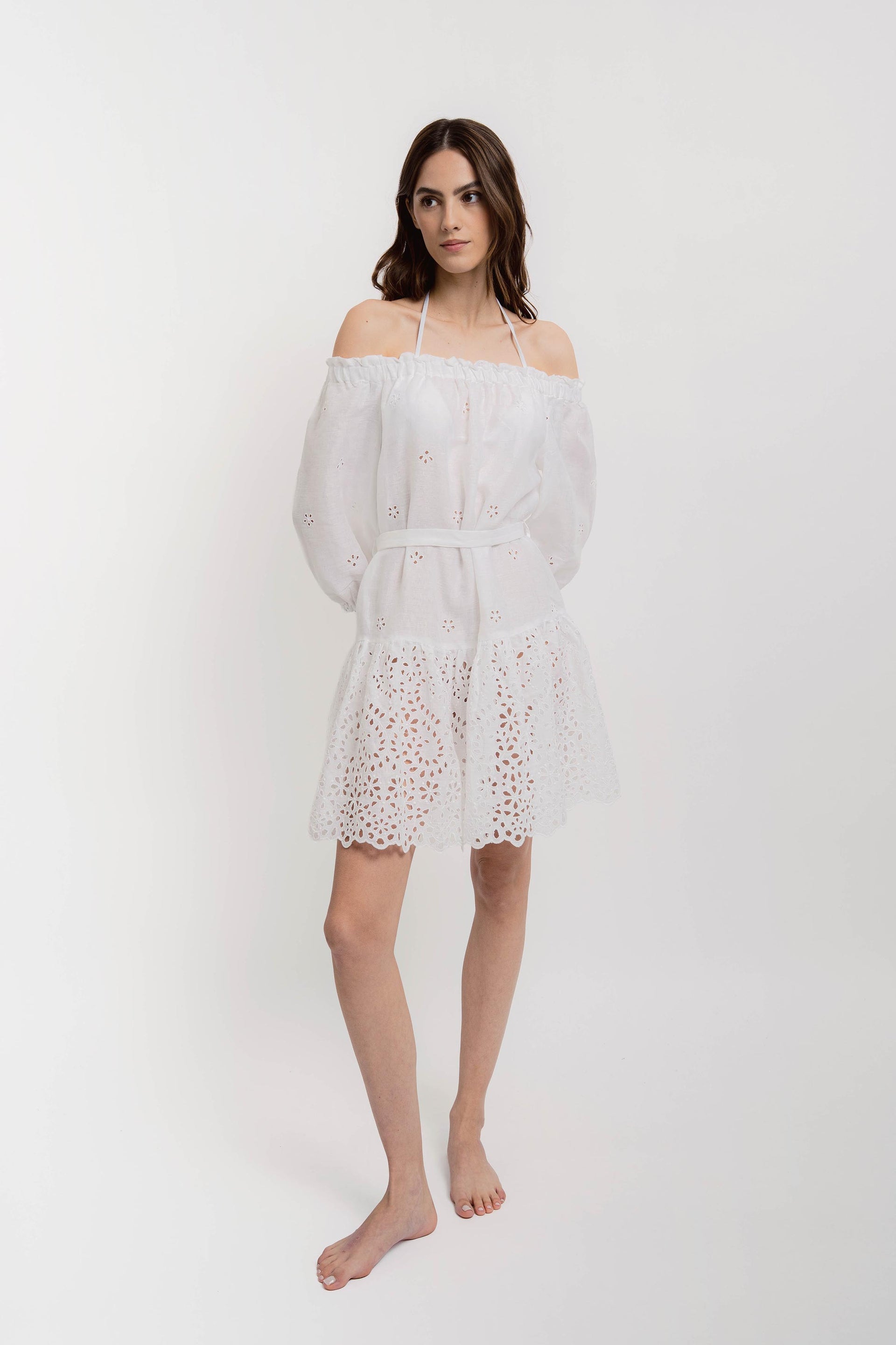 GISELLE Womens Short Dress Linen Broderie White