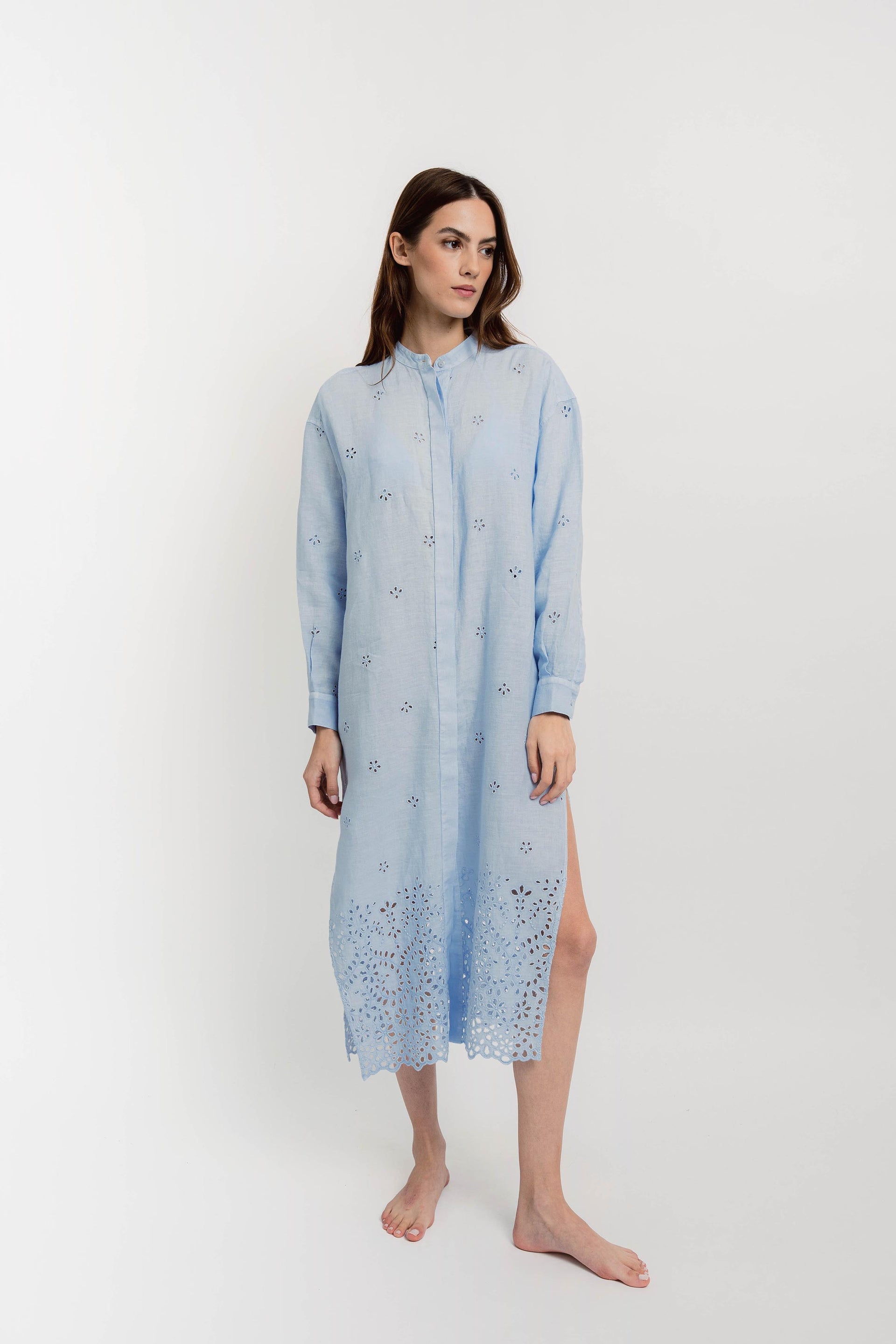 KATE Womens Long Shirt Dress Linen Broderie Light Blue