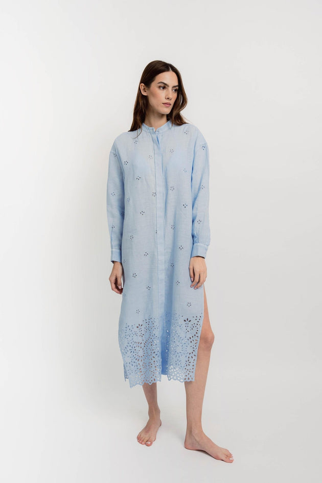 KATE Long Shirt Dress Linen Broderie Light Blue - Dresses - Jacques Zolty Saint Barths