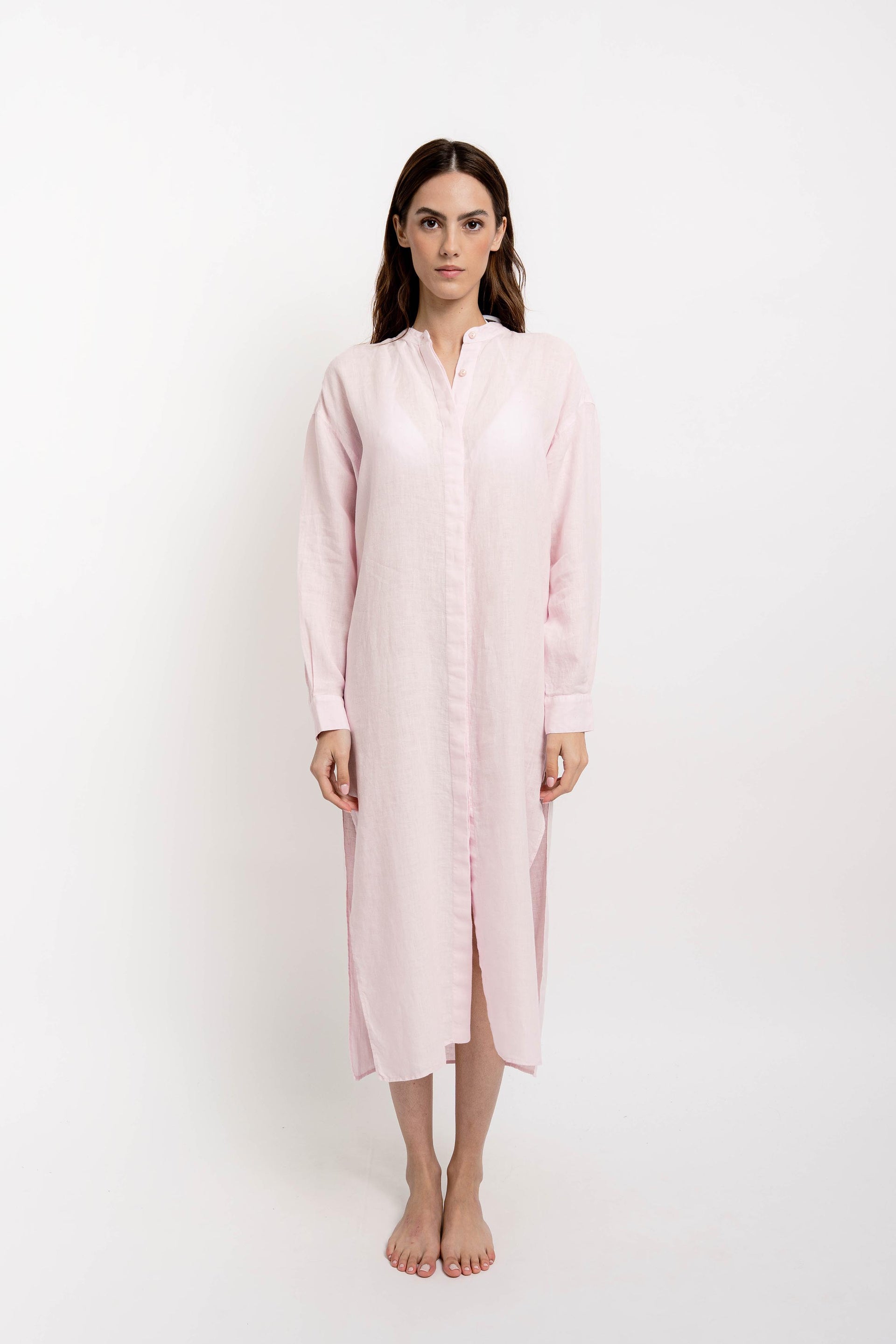 KATE Womens Long Shirt Dress Linen Pink
