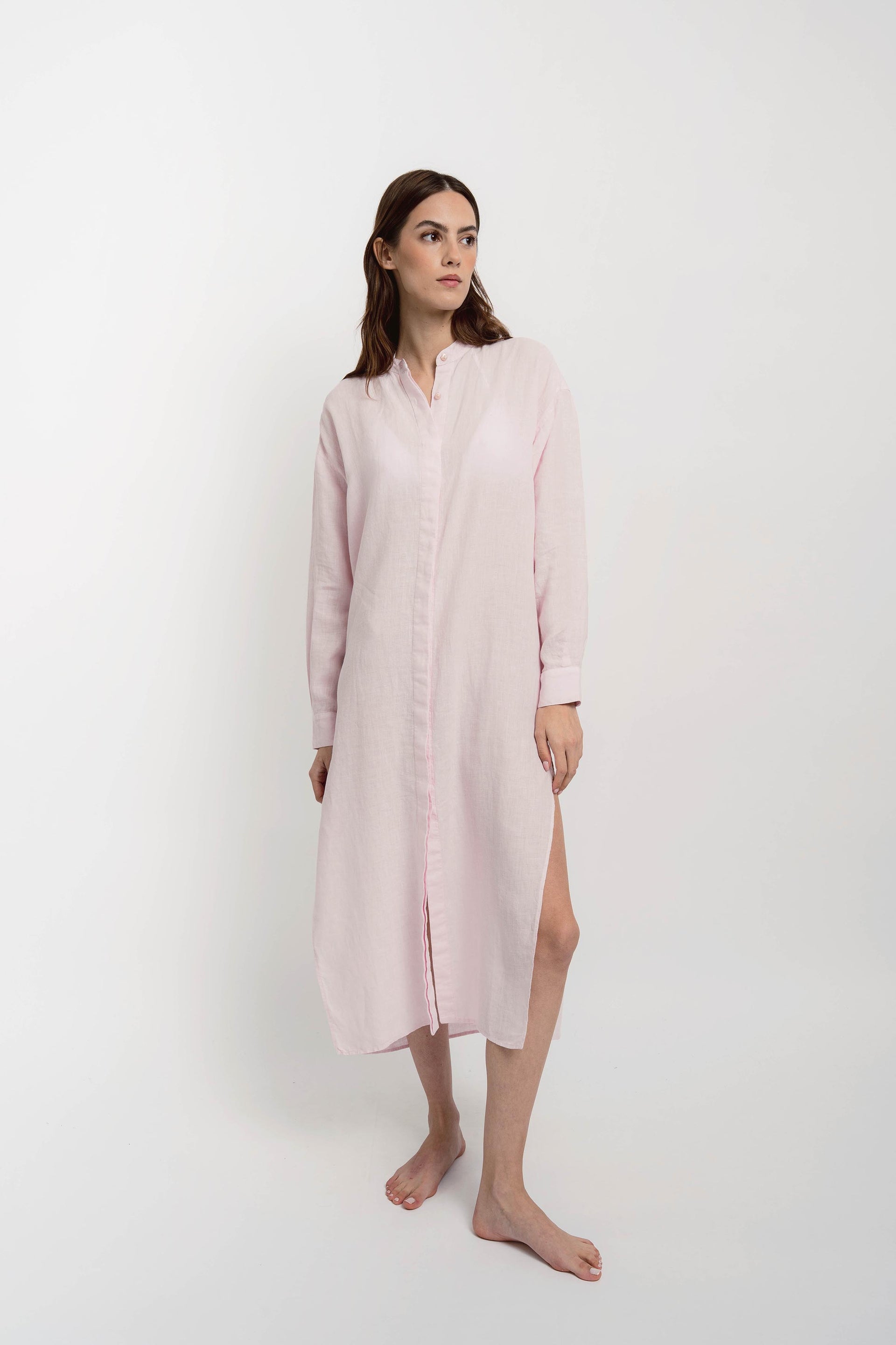 KATE Womens Long Shirt Dress Linen Pink