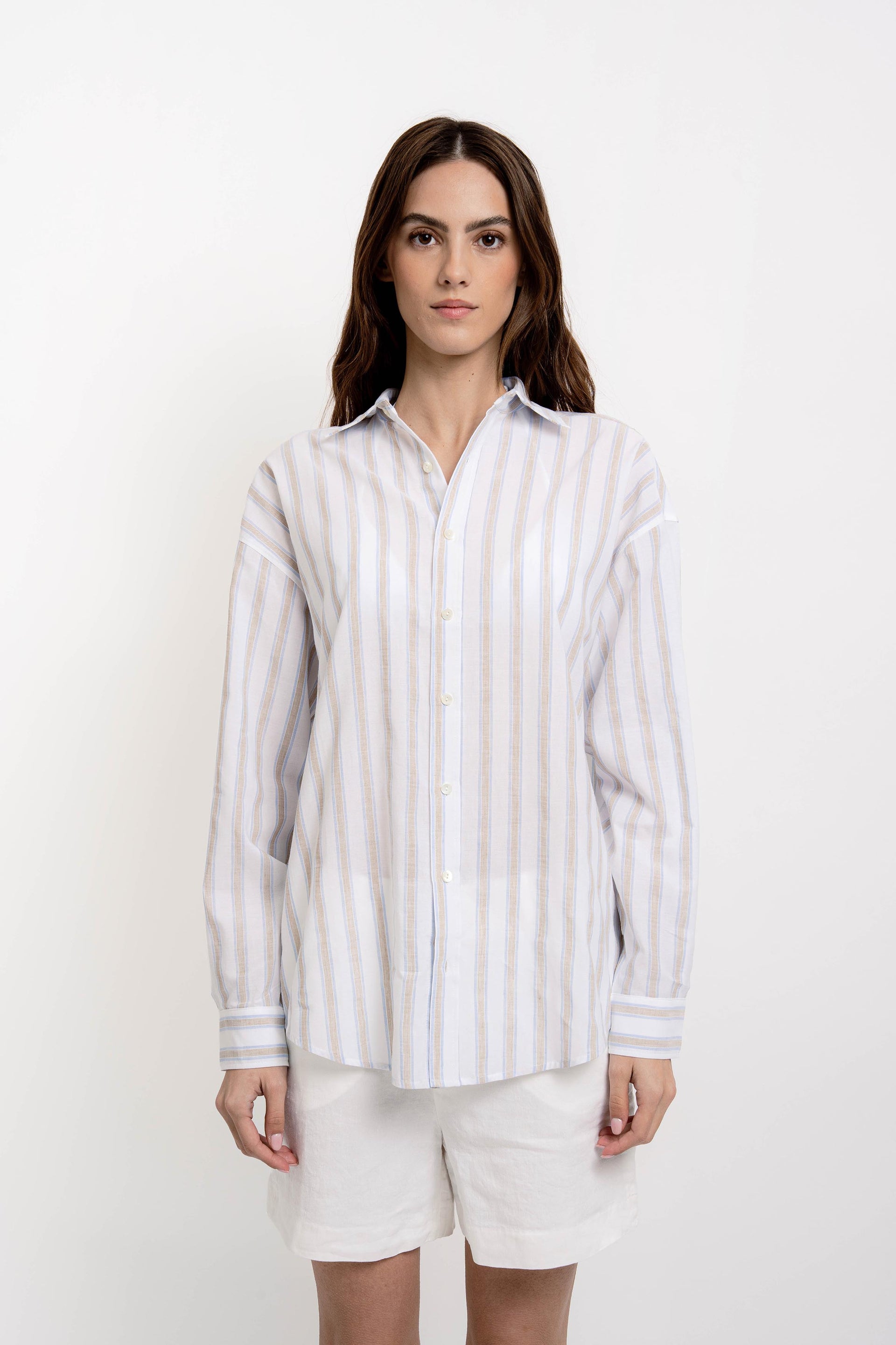 VICKY Womens Striped Boyfriend Shirt White Sand/Pink/Blue