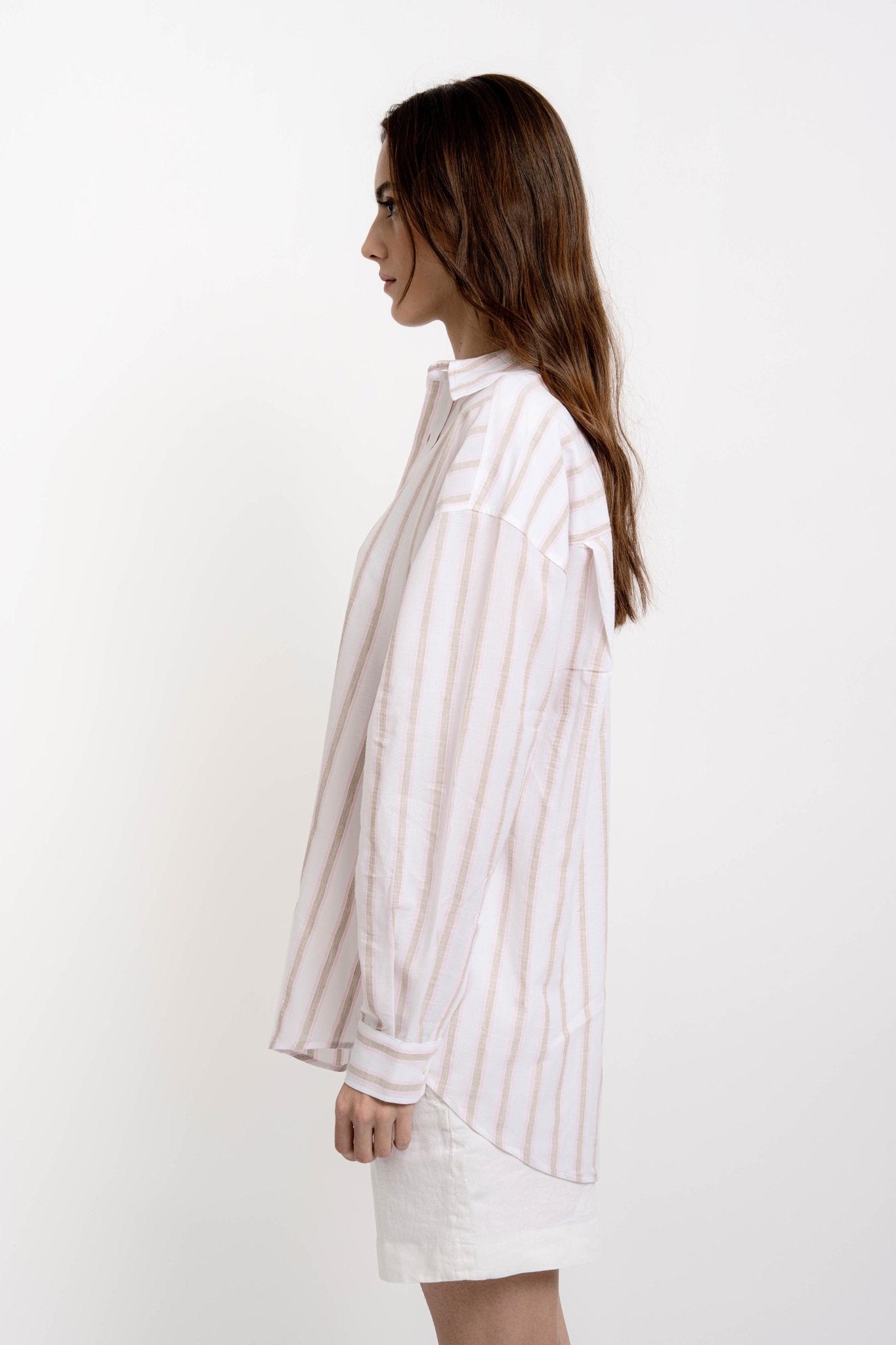 VICKY Striped Boyfriend Shirt White Sand/Pink/Blue - Shirts - Jacques Zolty Saint Barths