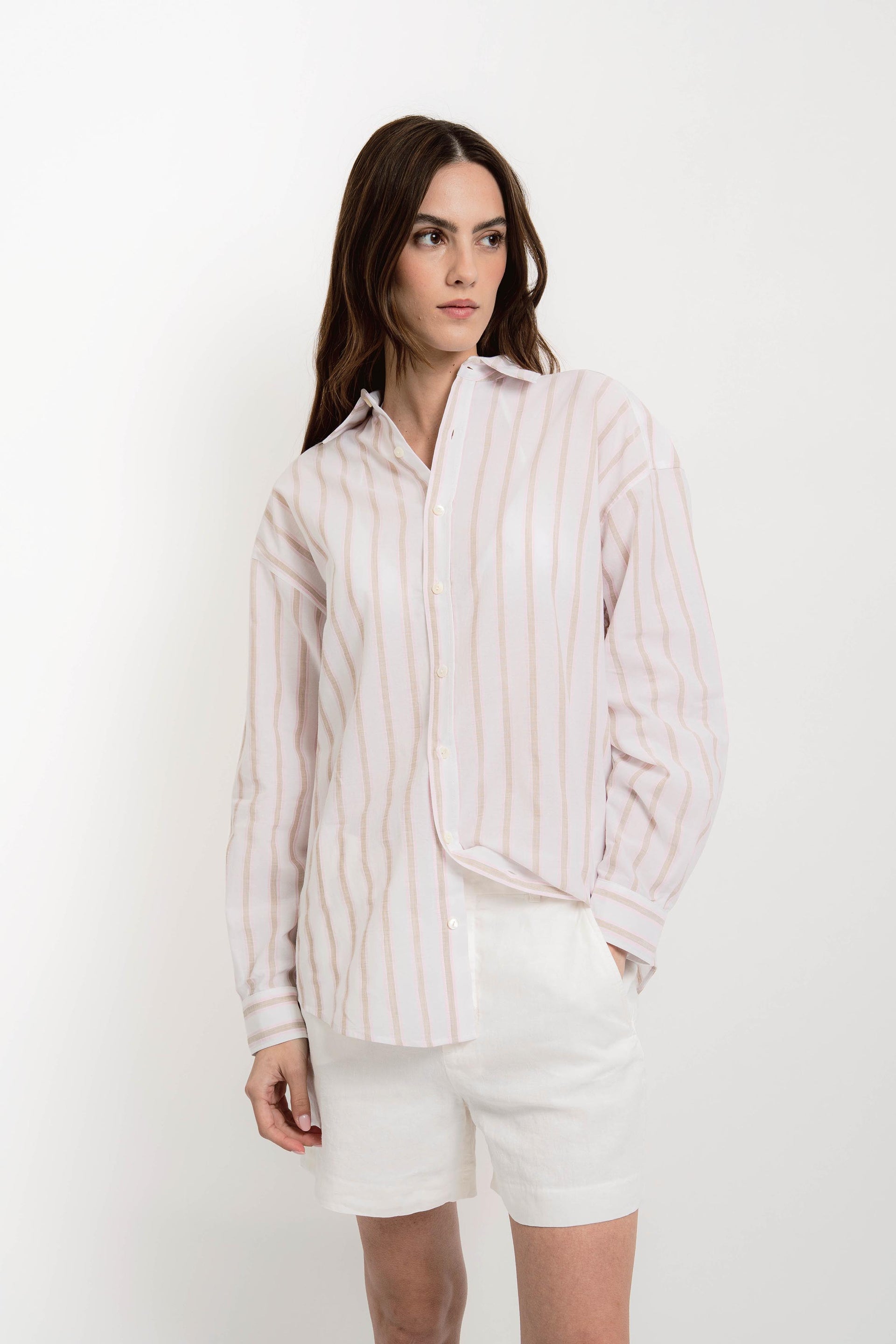 VICKY Womens Striped Boyfriend Shirt White Sand/Pink/Blue