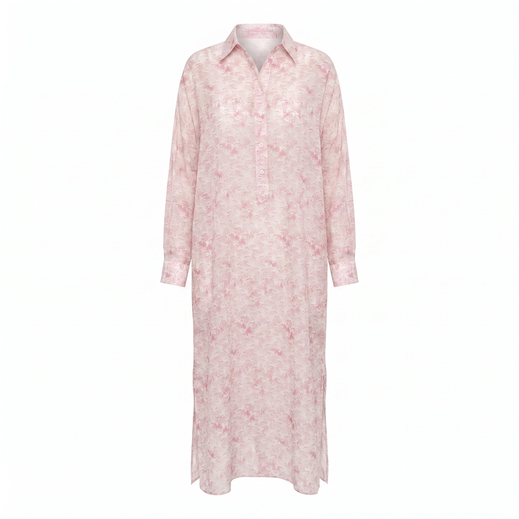 Woman in pink Palms print Kate shirt dress