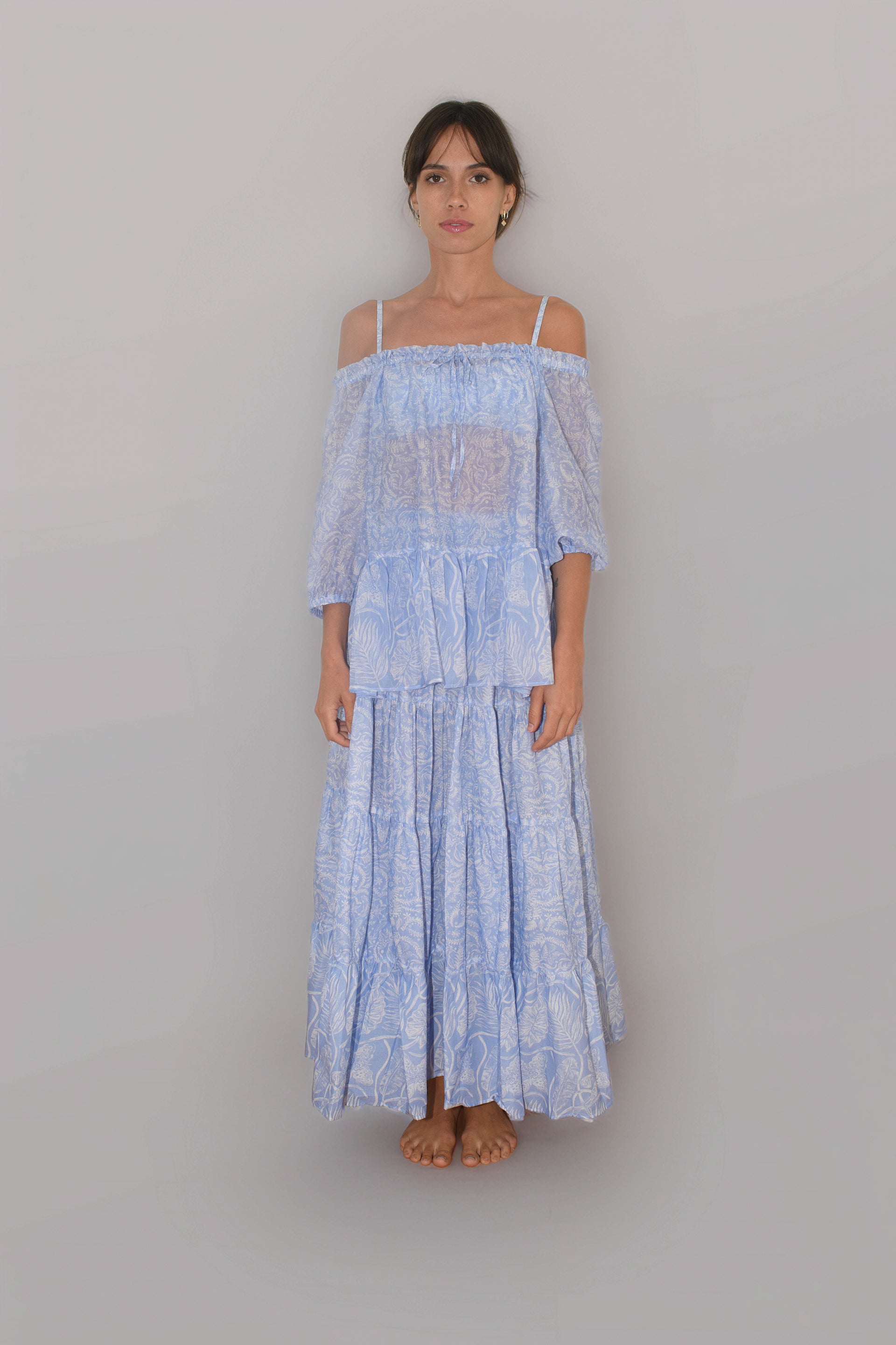 Christy Round Collar Shirt Cotton Light Blue VM Print
