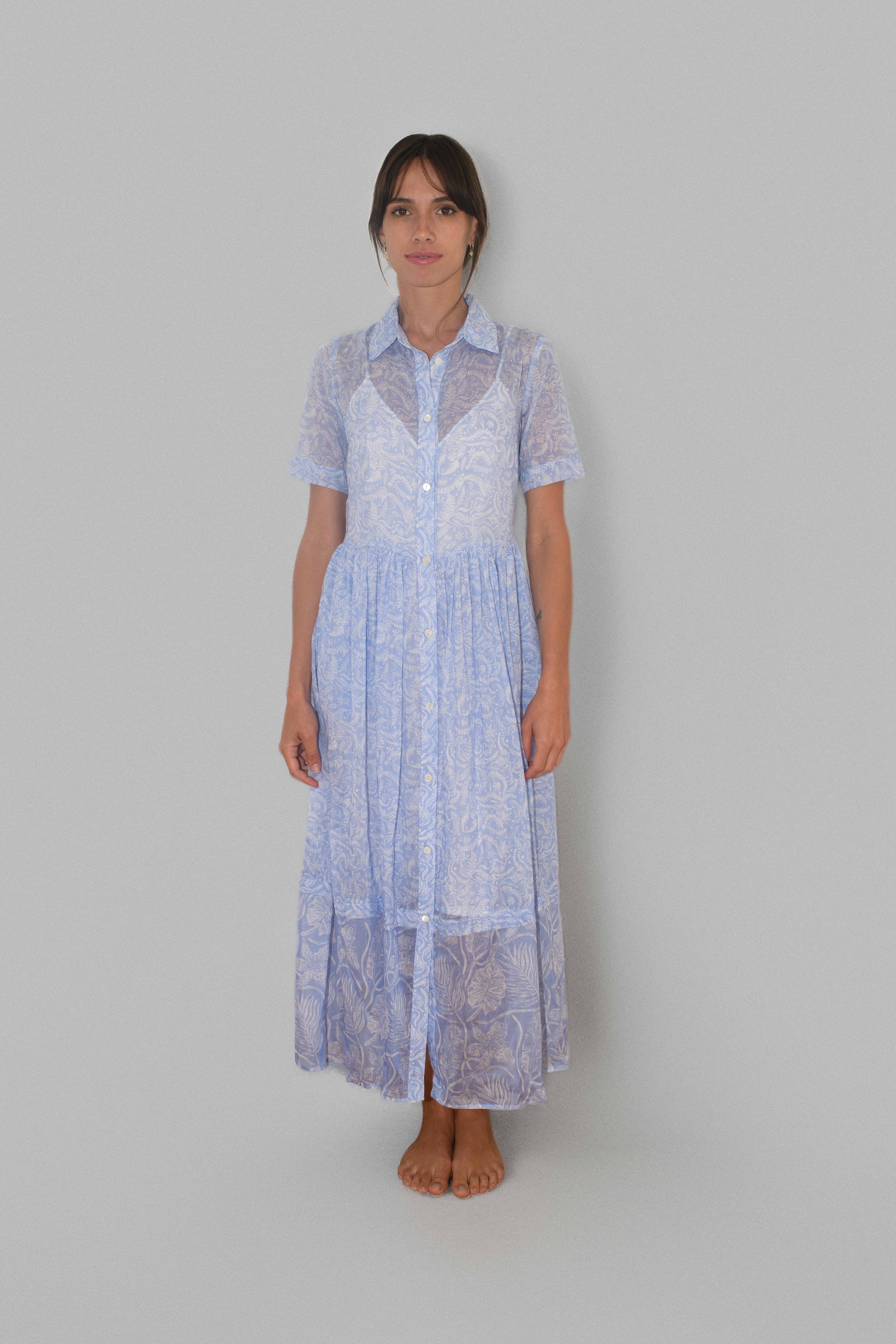 Sally Shirt Dress Silky Cotton Light Blue VM Print