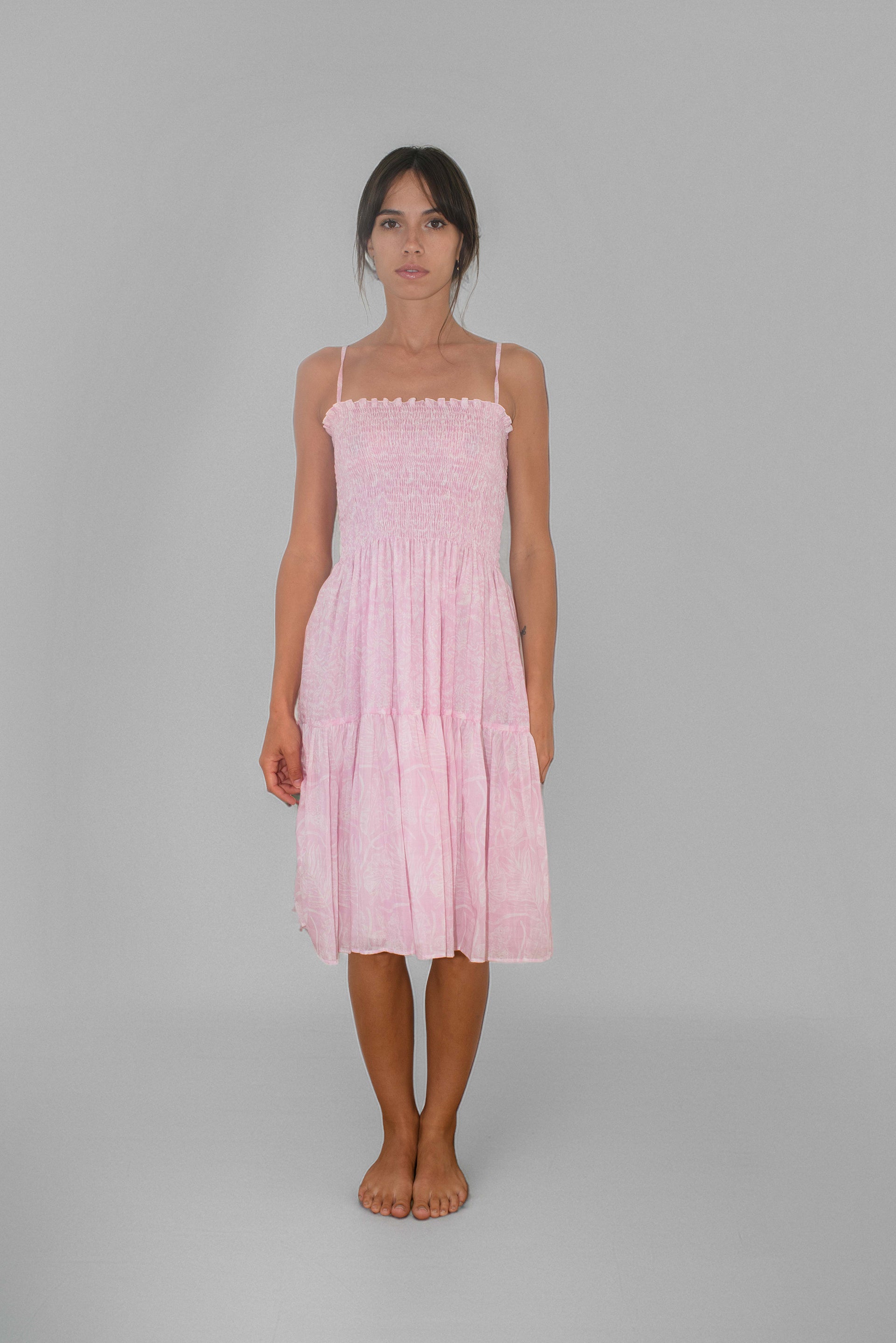Brooke Short Strap Dress Silky Cotton Light Blue VM Print