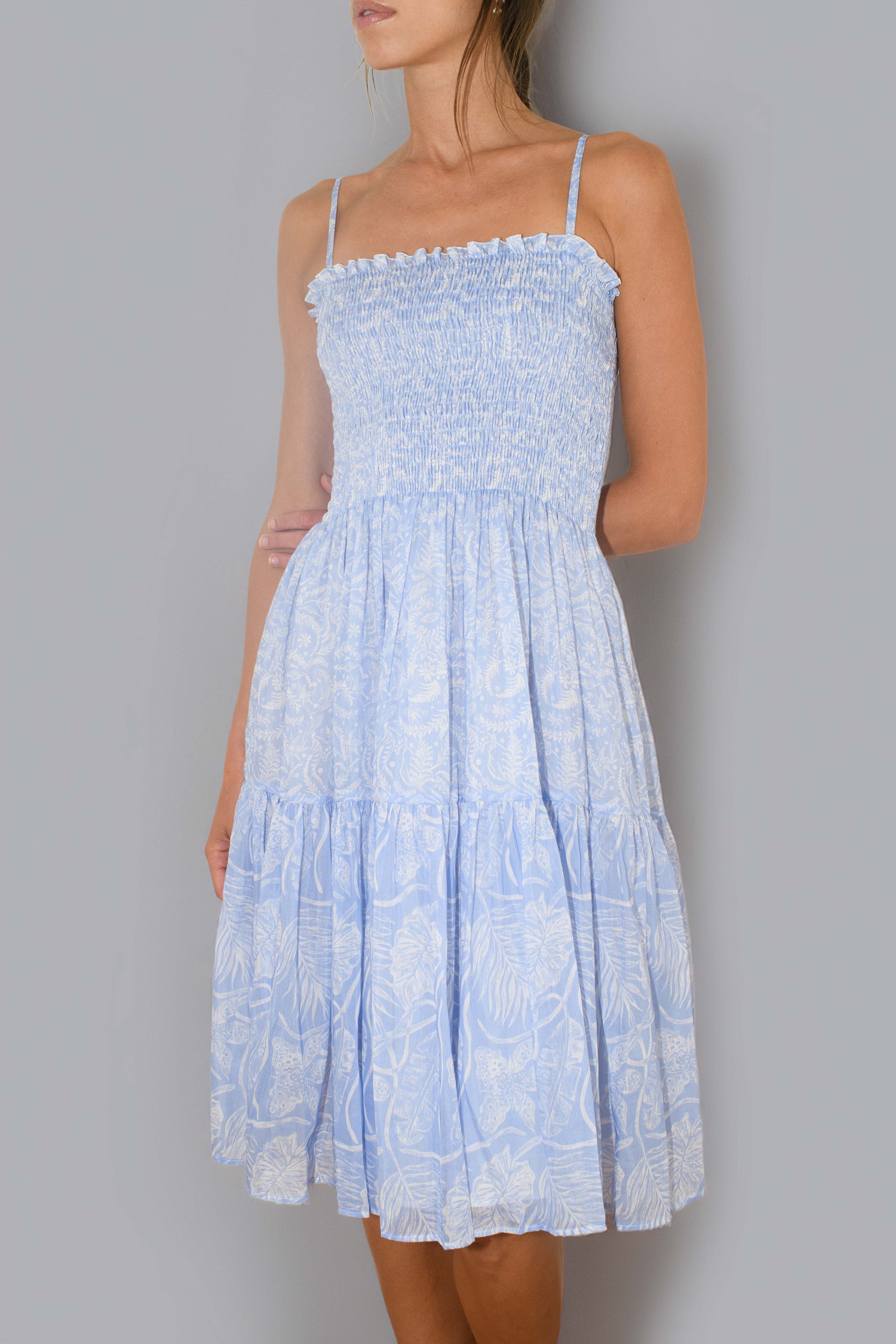 Brooke Short Strap Dress Silky Cotton Light Blue VM Print