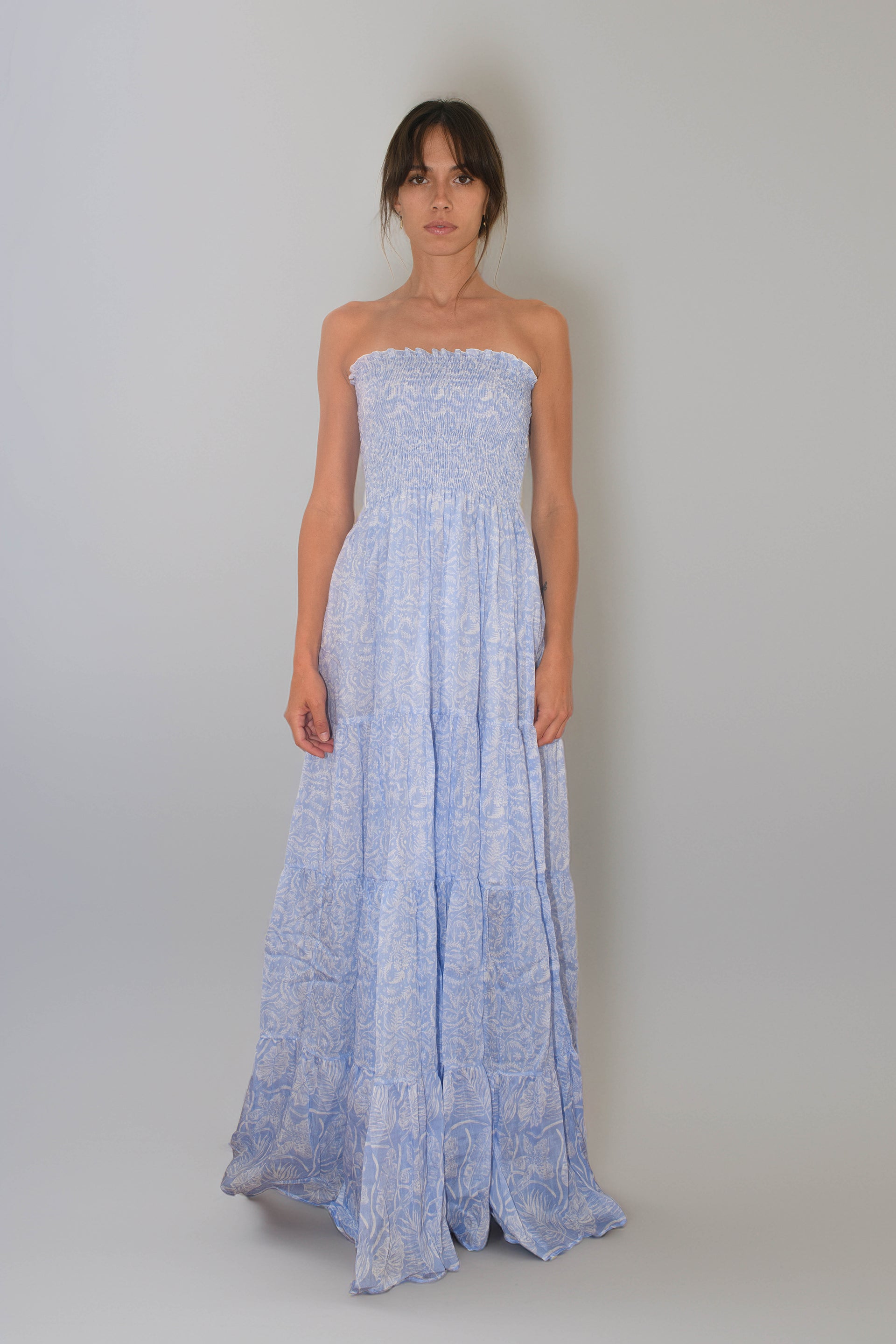 Irene Long Strap Dress Silky Cotton Light Blue VM Print
